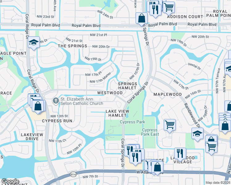 map of restaurants, bars, coffee shops, grocery stores, and more near 10654 Northwest 16th Street in Coral Springs