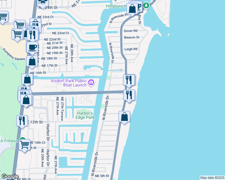 map of restaurants, bars, coffee shops, grocery stores, and more near 3228 Northeast 14th Street Causeway in Pompano Beach