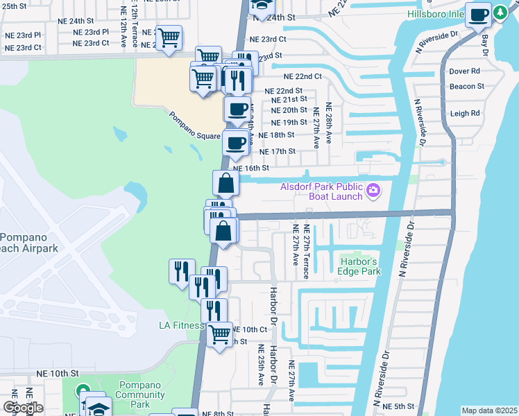 map of restaurants, bars, coffee shops, grocery stores, and more near 61 Northeast 25th Avenue in Pompano Beach