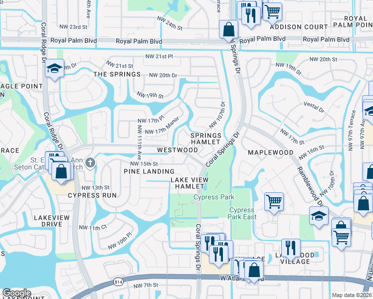map of restaurants, bars, coffee shops, grocery stores, and more near 10654 Northwest 16th Street in Coral Springs