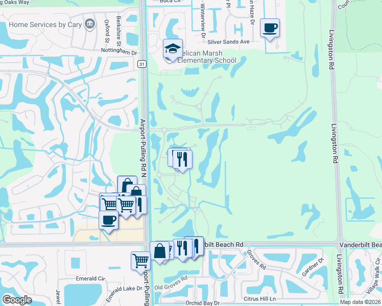 map of restaurants, bars, coffee shops, grocery stores, and more near 2546 Marquesa Royale Lane in Naples
