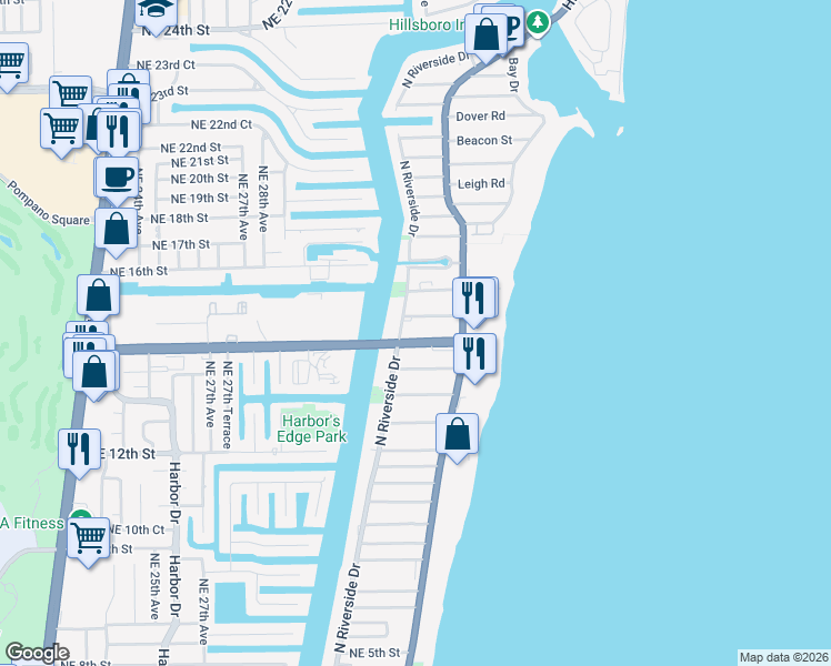 map of restaurants, bars, coffee shops, grocery stores, and more near 3228 Northeast 14th Street Causeway in Pompano Beach