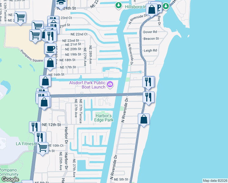 map of restaurants, bars, coffee shops, grocery stores, and more near 2900 Northeast 14th Street in Pompano Beach