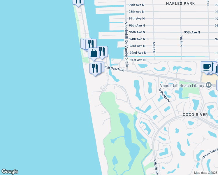 map of restaurants, bars, coffee shops, grocery stores, and more near 8700 Bay Colony Drive in Naples