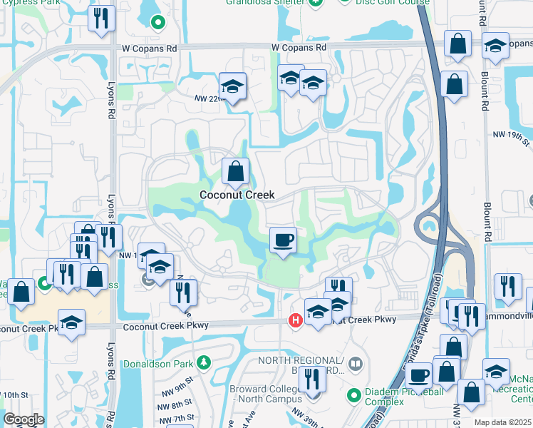 map of restaurants, bars, coffee shops, grocery stores, and more near 3302 Aruba Way in Coconut Creek