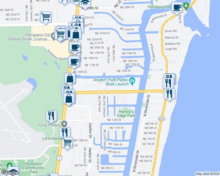 map of restaurants, bars, coffee shops, grocery stores, and more near 2800 Northeast 14th Street Causeway in Pompano Beach
