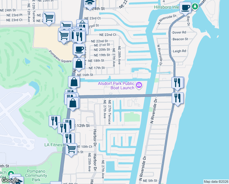 map of restaurants, bars, coffee shops, grocery stores, and more near 2708 Northeast 14th Street in Pompano Beach