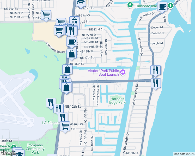 map of restaurants, bars, coffee shops, grocery stores, and more near 2708 Northeast 14th Street in Pompano Beach