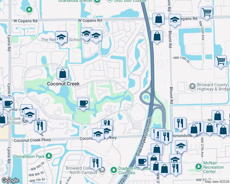 map of restaurants, bars, coffee shops, grocery stores, and more near 3403 Bimini Lane in Coconut Creek