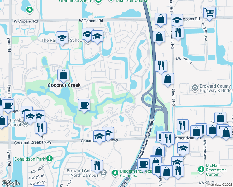 map of restaurants, bars, coffee shops, grocery stores, and more near 3403 Bimini Lane in Coconut Creek