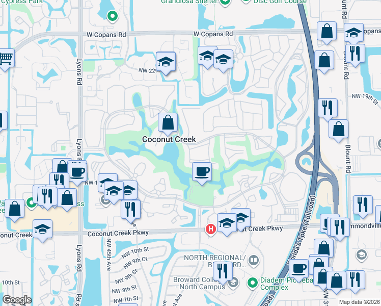 map of restaurants, bars, coffee shops, grocery stores, and more near 3302 Aruba Way in Coconut Creek