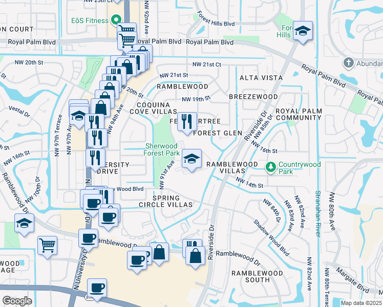 map of restaurants, bars, coffee shops, grocery stores, and more near 1499 Northwest 91st Avenue in Coral Springs