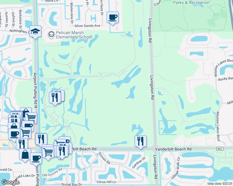 map of restaurants, bars, coffee shops, grocery stores, and more near 2738 Tiburon Boulevard East in Naples