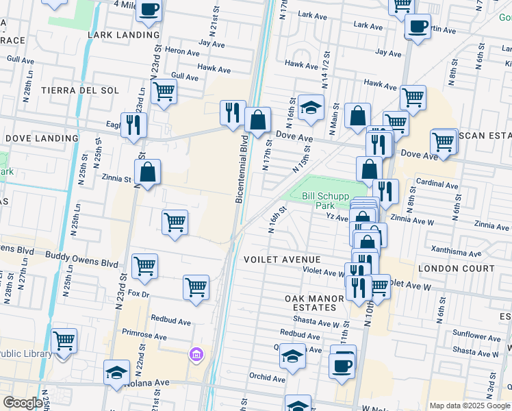 map of restaurants, bars, coffee shops, grocery stores, and more near 1701 Avocet Avenue in McAllen