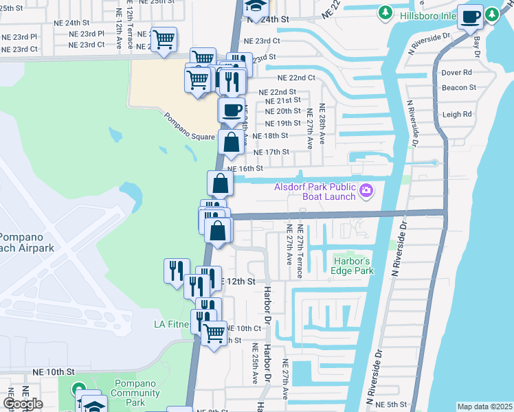 map of restaurants, bars, coffee shops, grocery stores, and more near 61 Northeast 25th Avenue in Pompano Beach