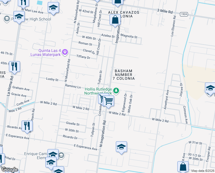 map of restaurants, bars, coffee shops, grocery stores, and more near 3403 North Inspiration Road in Mission