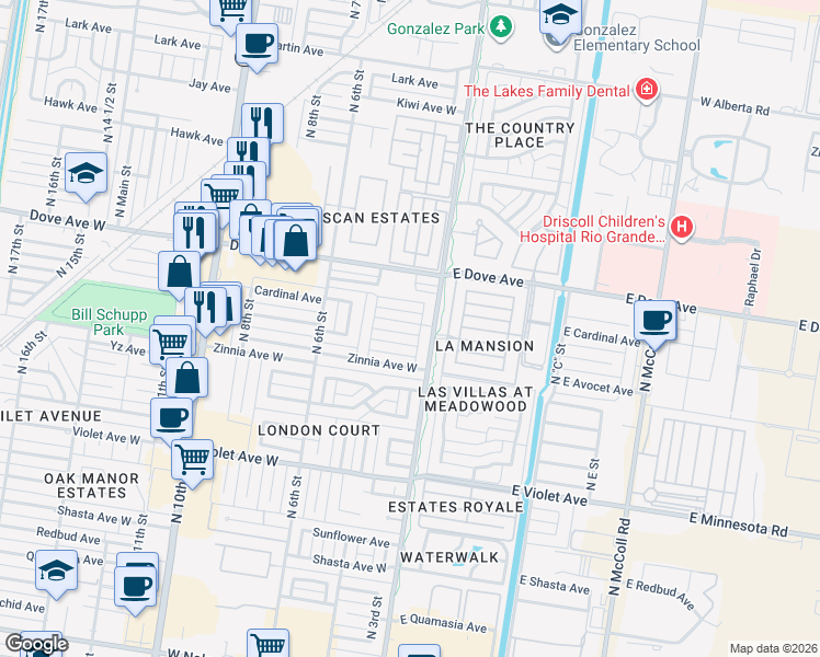 map of restaurants, bars, coffee shops, grocery stores, and more near 305 Bluebird Avenue in McAllen