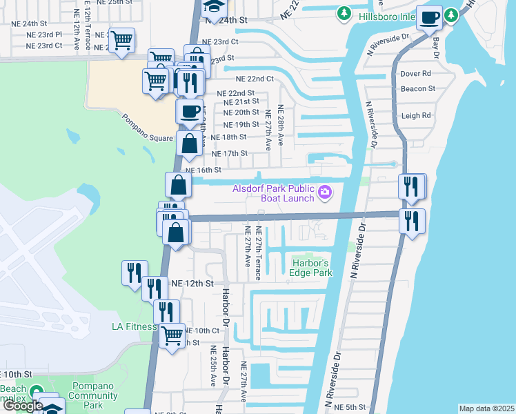 map of restaurants, bars, coffee shops, grocery stores, and more near 2708 Northeast 14th Street in Pompano Beach