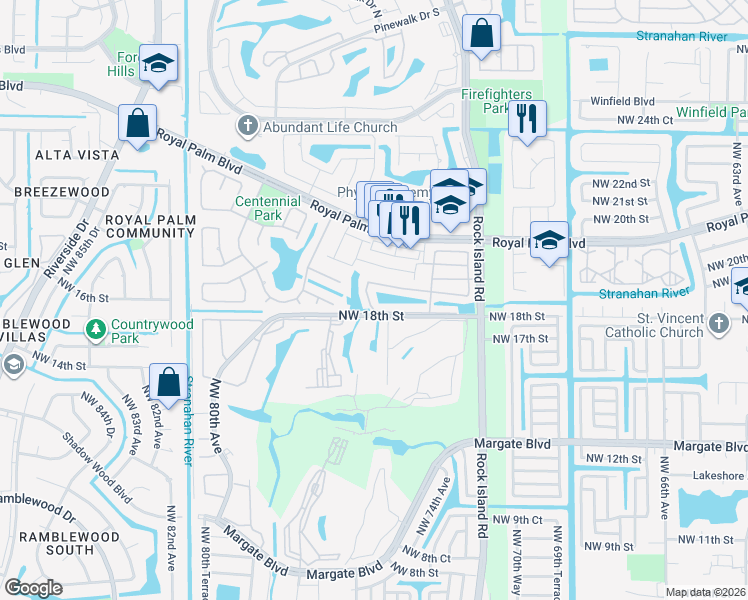 map of restaurants, bars, coffee shops, grocery stores, and more near 7527 Viscaya Circle in Margate