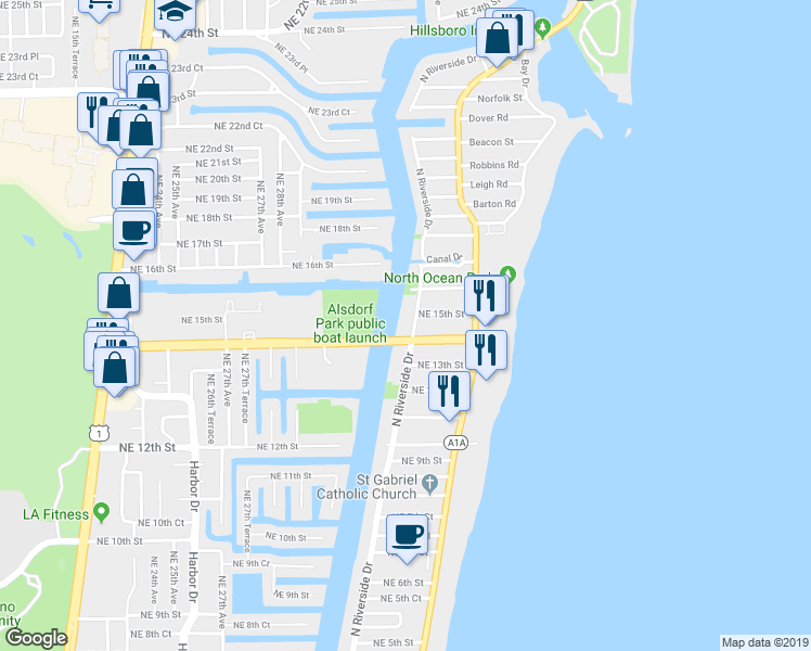 map of restaurants, bars, coffee shops, grocery stores, and more near 1505 North Riverside Drive in Pompano Beach