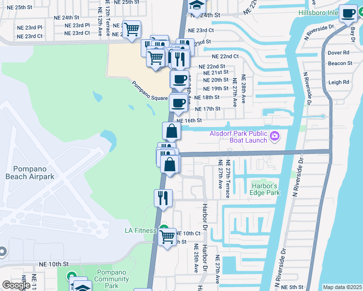 map of restaurants, bars, coffee shops, grocery stores, and more near 2371 Northeast 15th Street in Pompano Beach