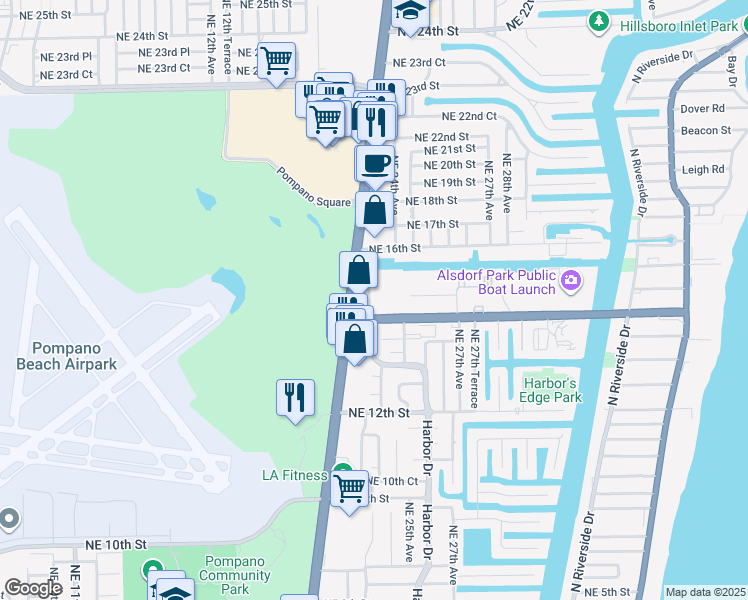 map of restaurants, bars, coffee shops, grocery stores, and more near 2371 Northeast 15th Street in Pompano Beach