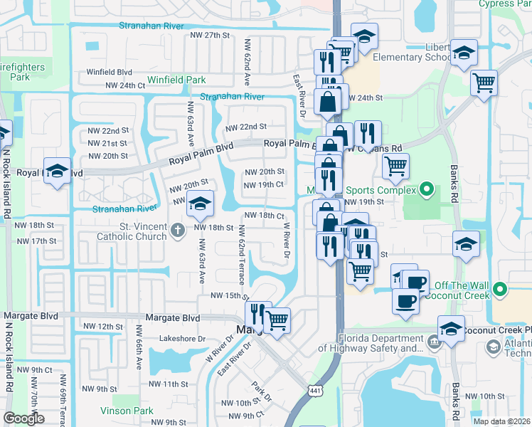 map of restaurants, bars, coffee shops, grocery stores, and more near 6134 Northwest 19th Street in Margate