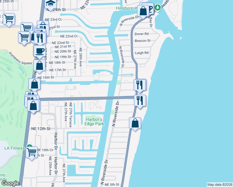 map of restaurants, bars, coffee shops, grocery stores, and more near 1505 North Riverside Drive in Pompano Beach