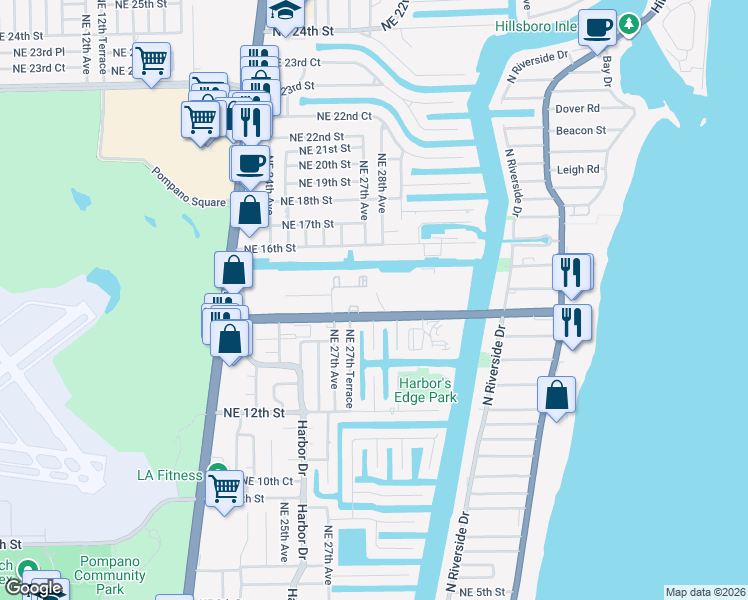 map of restaurants, bars, coffee shops, grocery stores, and more near 2722 Northeast 14th Street in Pompano Beach