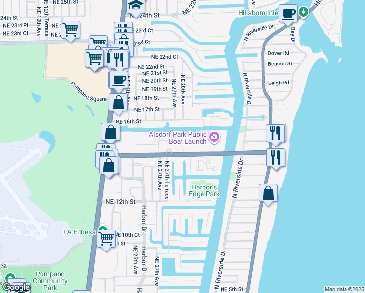 map of restaurants, bars, coffee shops, grocery stores, and more near 2731 Northeast 14th Street in Pompano Beach