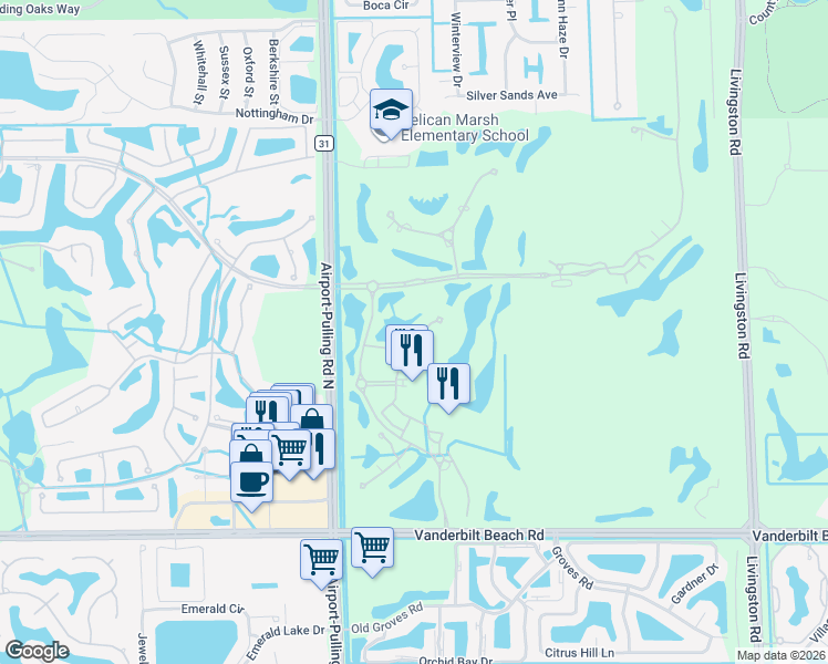 map of restaurants, bars, coffee shops, grocery stores, and more near 2550 Marquesa Royale Lane in Naples