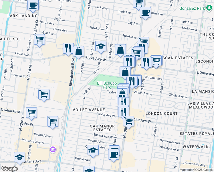 map of restaurants, bars, coffee shops, grocery stores, and more near 1300 Zinnia Avenue West in McAllen
