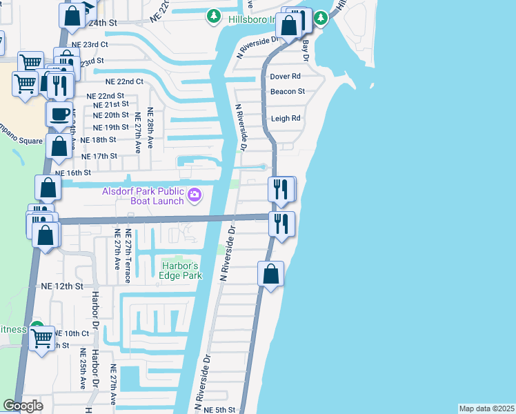 map of restaurants, bars, coffee shops, grocery stores, and more near 3221 Northeast 15th Street in Pompano Beach