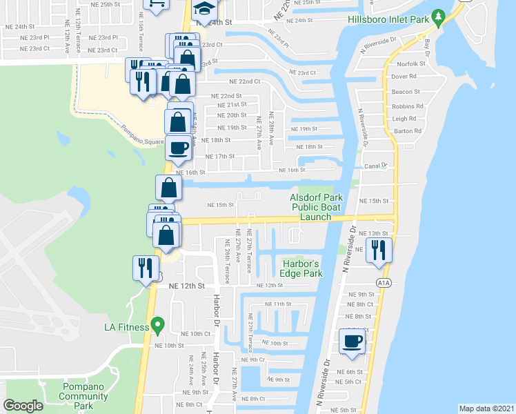 map of restaurants, bars, coffee shops, grocery stores, and more near 250 Northeast 27th Terrace in Pompano Beach