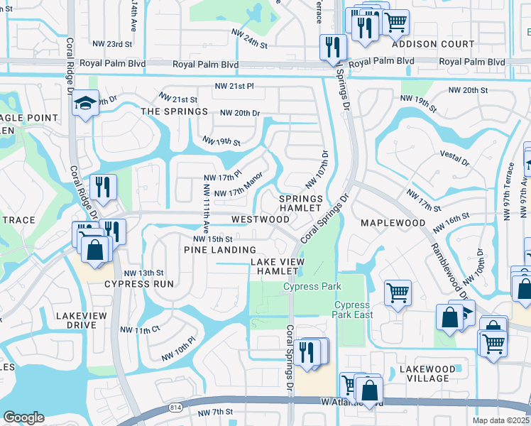 map of restaurants, bars, coffee shops, grocery stores, and more near 1680 Cypress Pointe Drive in Coral Springs