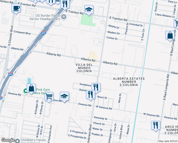 map of restaurants, bars, coffee shops, grocery stores, and more near 1007 Palm Circle in Edinburg