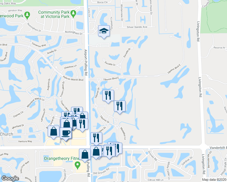 map of restaurants, bars, coffee shops, grocery stores, and more near 2550 Marquesa Royale Lane in Naples
