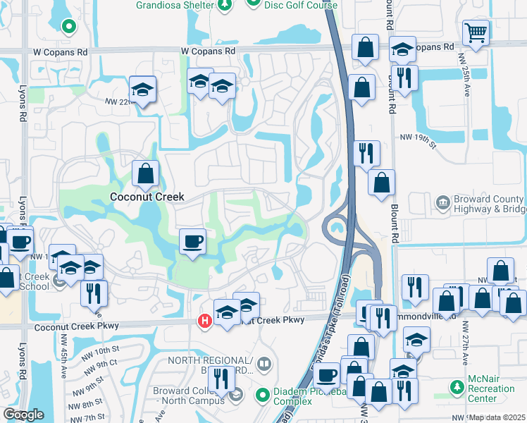 map of restaurants, bars, coffee shops, grocery stores, and more near 3501 Bimini Lane in Coconut Creek