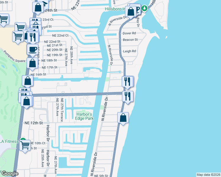map of restaurants, bars, coffee shops, grocery stores, and more near 3221 Northeast 15th Street in Pompano Beach