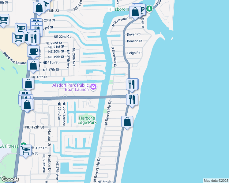 map of restaurants, bars, coffee shops, grocery stores, and more near 3221 Northeast 15th Street in Pompano Beach