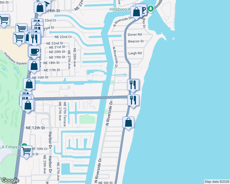 map of restaurants, bars, coffee shops, grocery stores, and more near 1450 North Riverside Drive in Pompano Beach