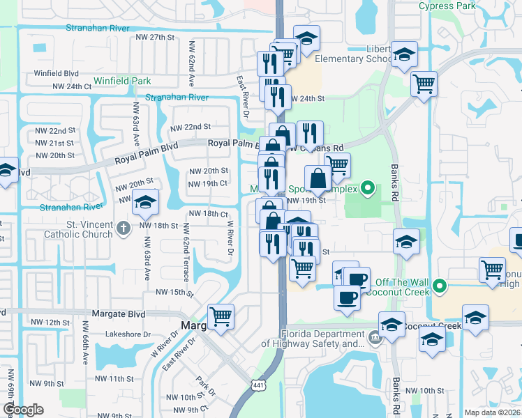 map of restaurants, bars, coffee shops, grocery stores, and more near 5805 Northwest 18th Court in Margate