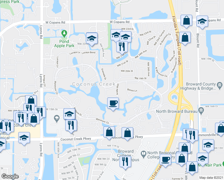 map of restaurants, bars, coffee shops, grocery stores, and more near 4690 North State Road 7 in Coconut Creek