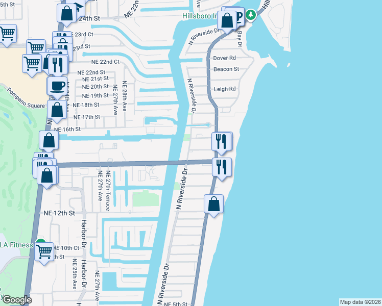 map of restaurants, bars, coffee shops, grocery stores, and more near 3221 Northeast 15th Street in Pompano Beach