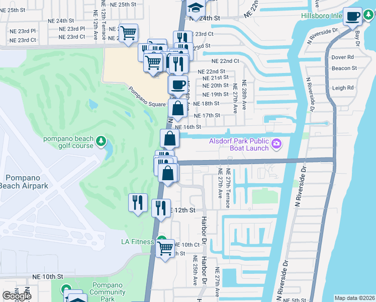 map of restaurants, bars, coffee shops, grocery stores, and more near 2519 Northeast 15th Street in Pompano Beach