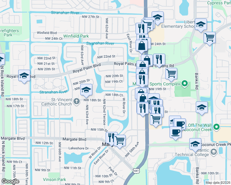 map of restaurants, bars, coffee shops, grocery stores, and more near 6134 Northwest 19th Street in Margate