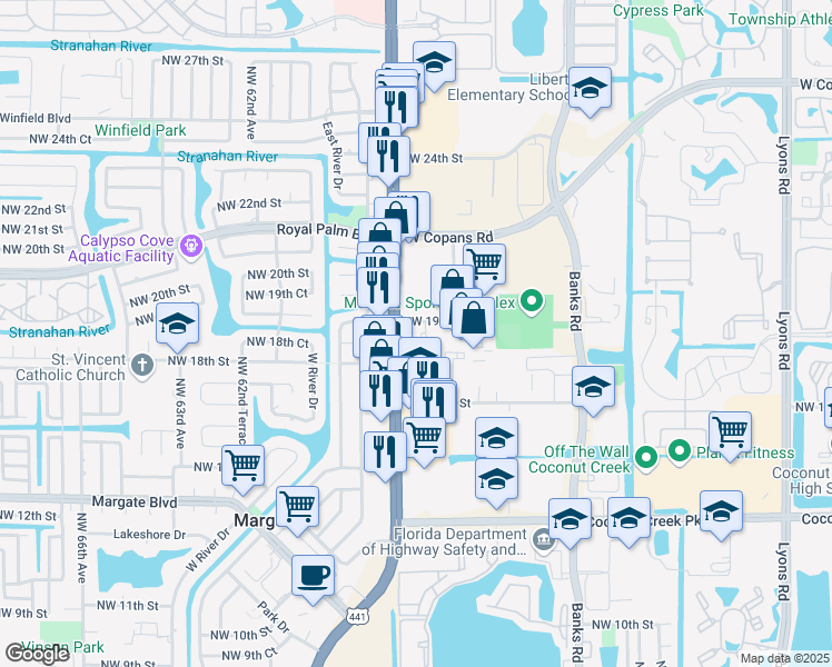 map of restaurants, bars, coffee shops, grocery stores, and more near 1870 North State Road 7 in Pompano Beach