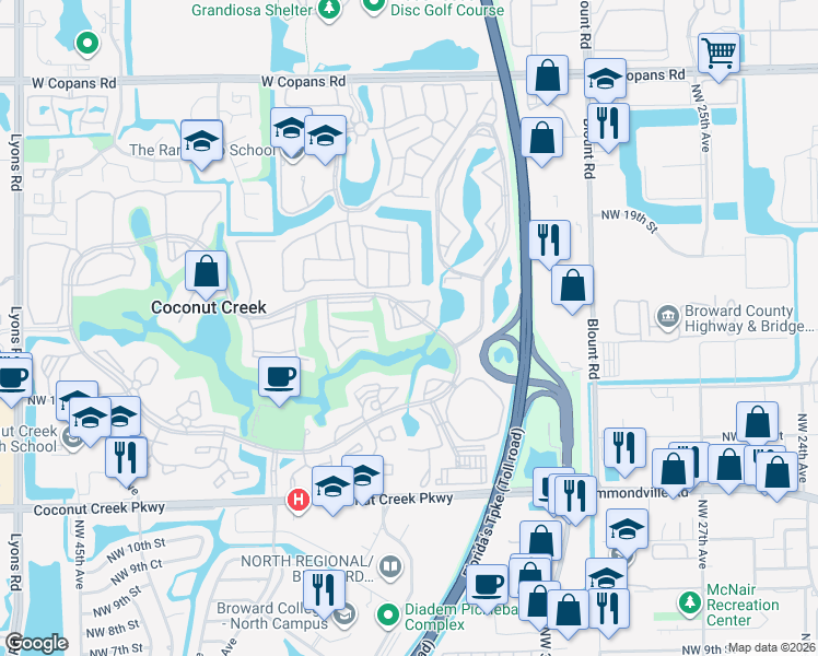 map of restaurants, bars, coffee shops, grocery stores, and more near 1902 Bermuda Circle in Coconut Creek