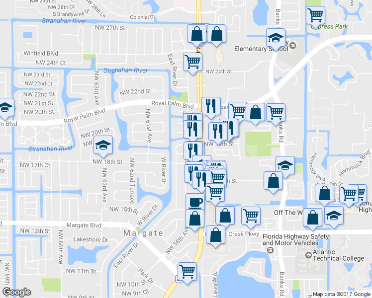 map of restaurants, bars, coffee shops, grocery stores, and more near 5805 Northwest 18th Court in Margate