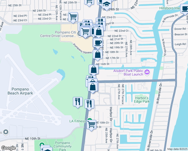 map of restaurants, bars, coffee shops, grocery stores, and more near 2371 Northeast 15th Street in Pompano Beach